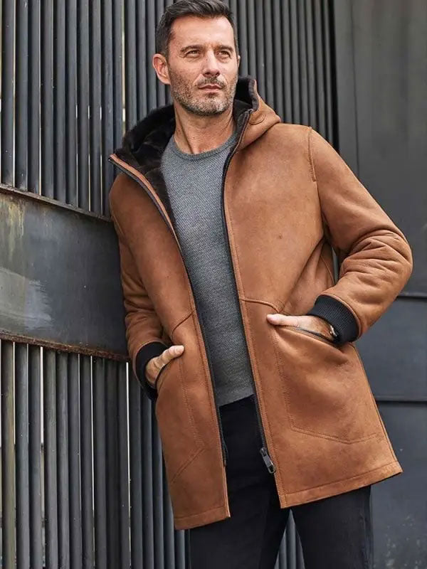 Brown Sheepskin Shearling Fur Hooded Outwear Winter Overcoat Leather Jacket