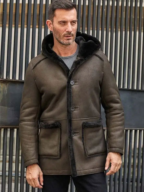 Mens Fur Coat Green Leather Overcoat Hooded Wool Parkas Warmest Winter Outwear