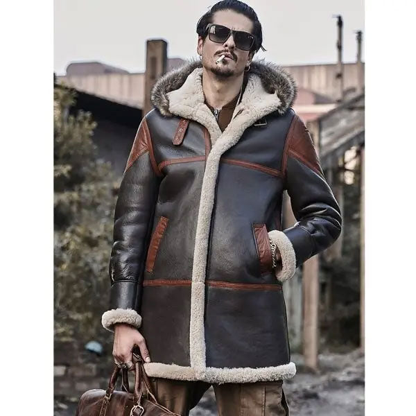 Men's Hooded Bomber Shearling Leather Jacket Trench Coat