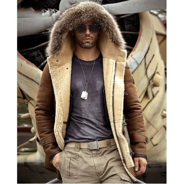 Men's Bomber Hooded Mink Fur Shearling Leather Long Jacket Coat