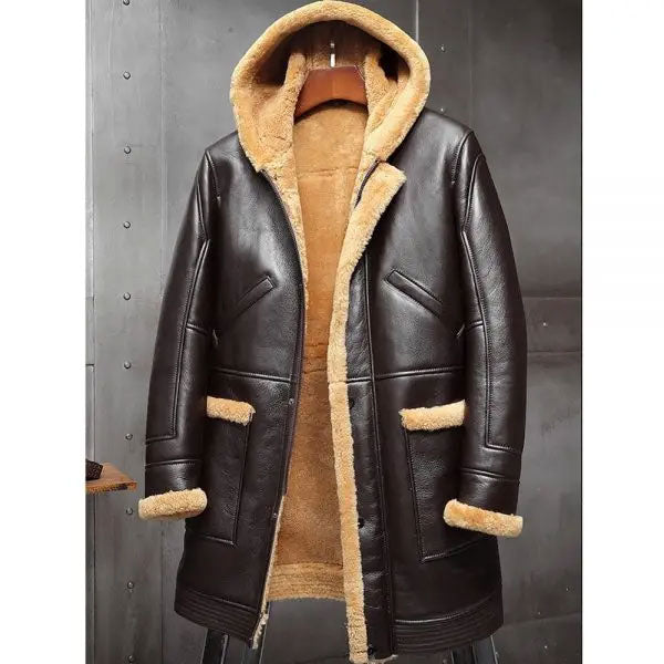 Buy Best price Mens RAF Hooded Shearling Fur Sheepskin Leather Long Jacket Winter Coats
