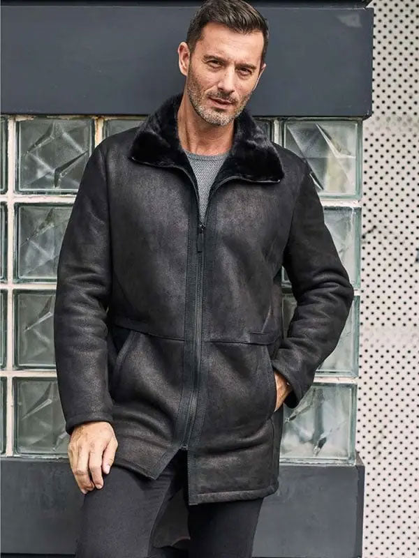 Men Black Shearling Fur Outwear Mink Overcoat Lapel Leather Jacket Coat