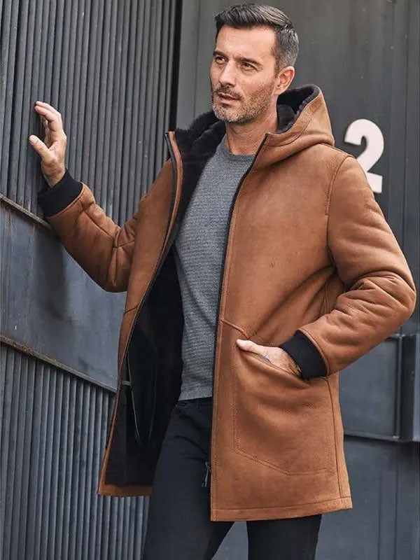 Brown Sheepskin Shearling Fur Hooded Outwear Winter Overcoat Leather Jacket