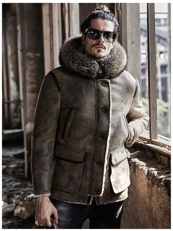 Buy best  Mens Hooded Shearling Collar Leather Bomber Jacket