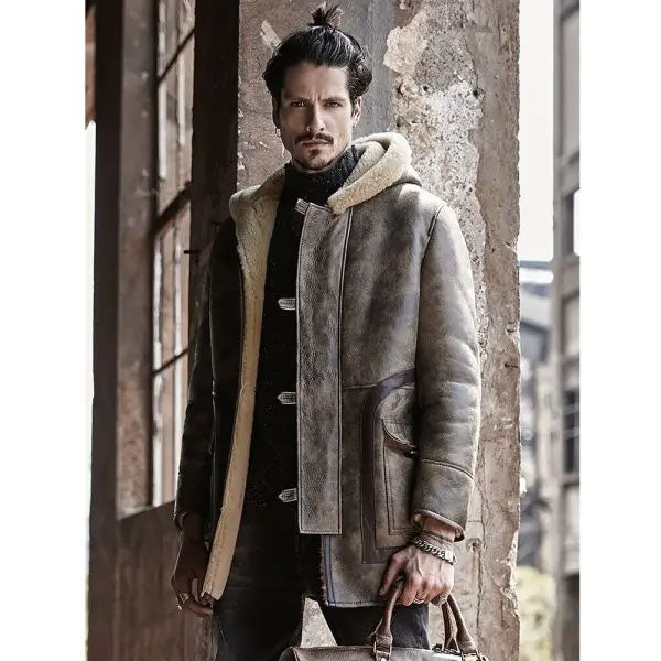 Sheepskin Coat Long Leather Jacket Hooded Fur Coat Thick Mens Winter Coats