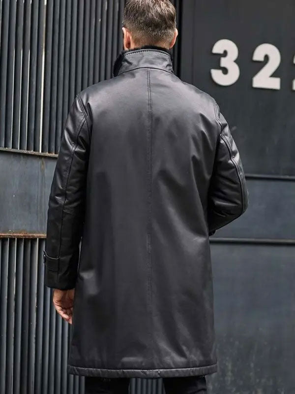 Black Fur Leather Parkas Long Trench Coat
