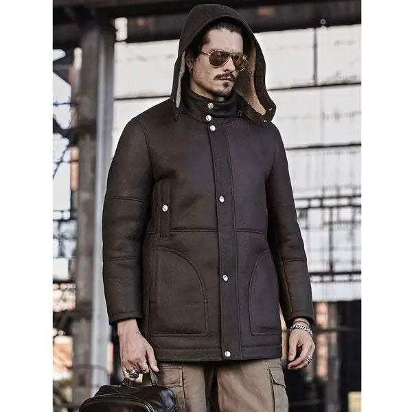 Men's Hooded Shearling Leather Long Trench Coat