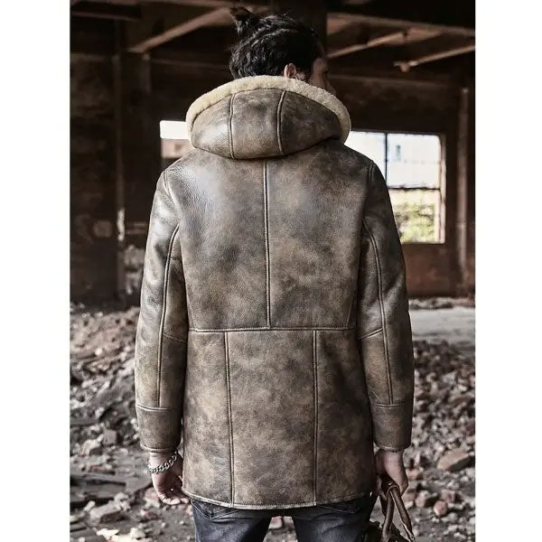 Sheepskin Coat Long Leather Jacket Hooded Fur Coat Thick Mens Winter Coats
