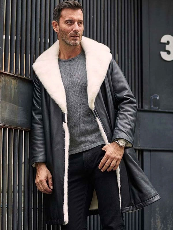 Men's Winter Shearling Fur Black Leather Long Trench Coat Outerwear