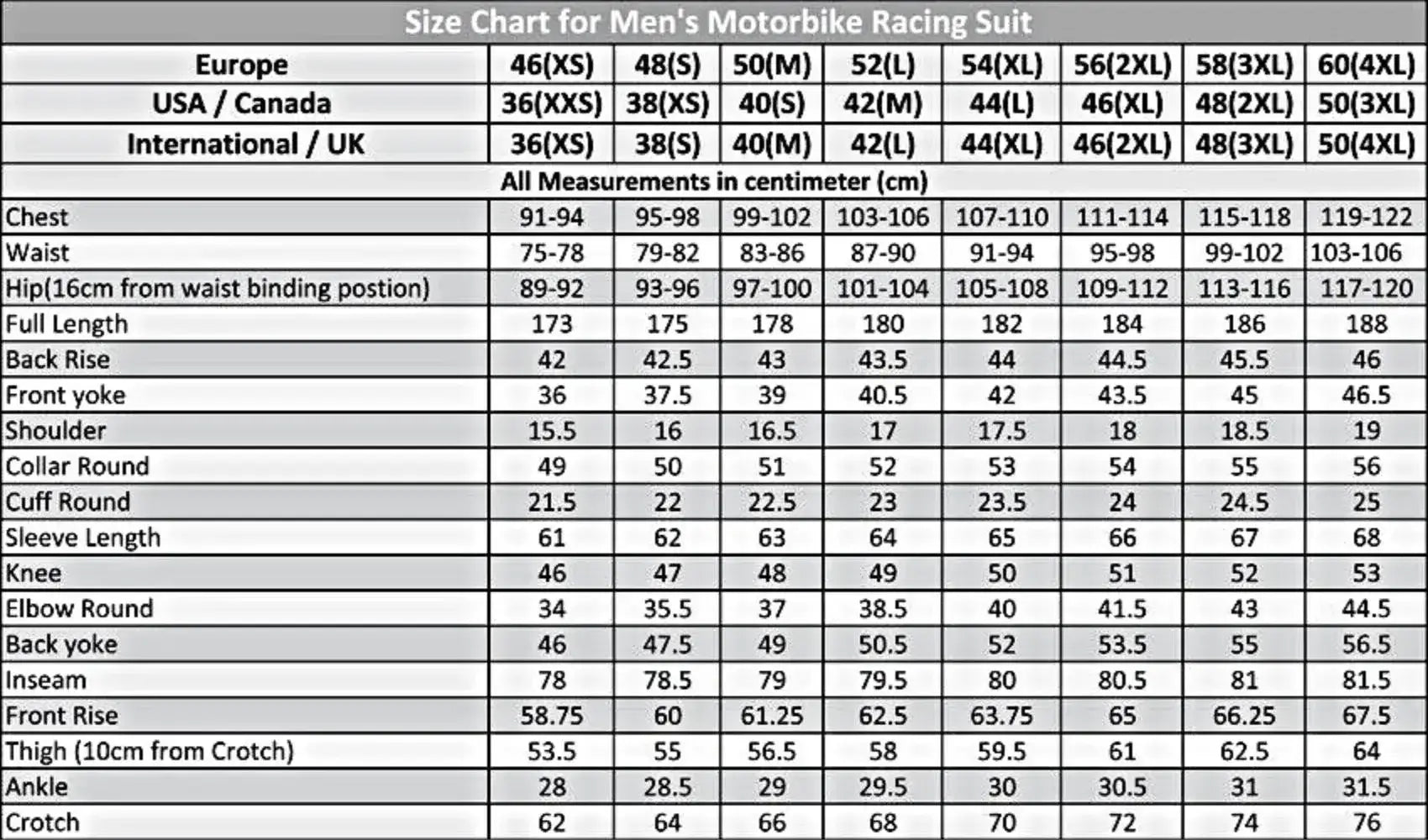 sizechart for mens motorbike racing suit