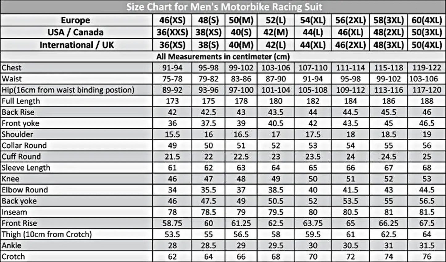 Size Chart For Mens Mtorbike Racing Suit