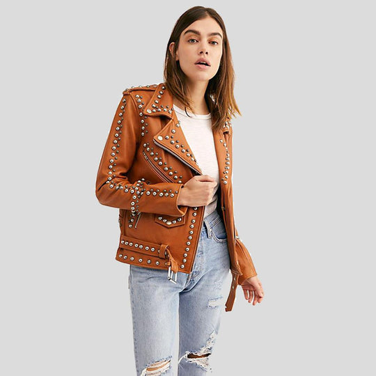 Buy Best Fashion Avail Tan Studded Leather Jacket