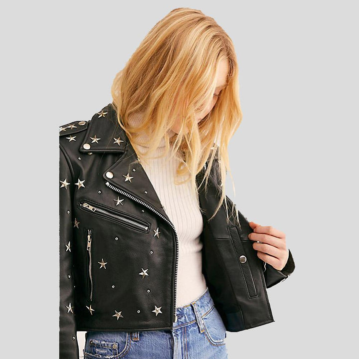 Buy Best Price Eva Black Studded Leather Jacket