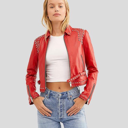 Buy Best price Fashion Buy Best price Isabel Red Studded Leather Jacket