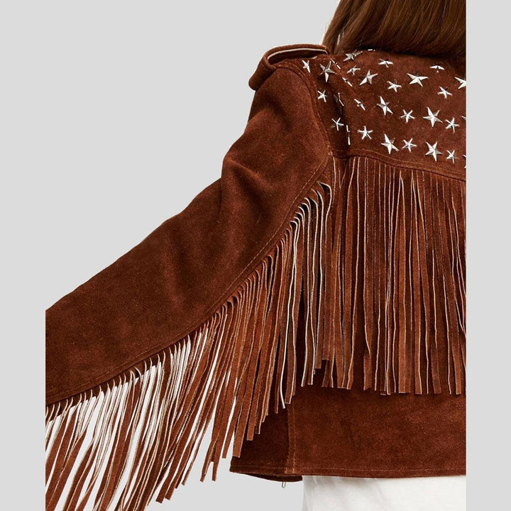 Nora Brown Studded Suede Leather Jacket Fringes