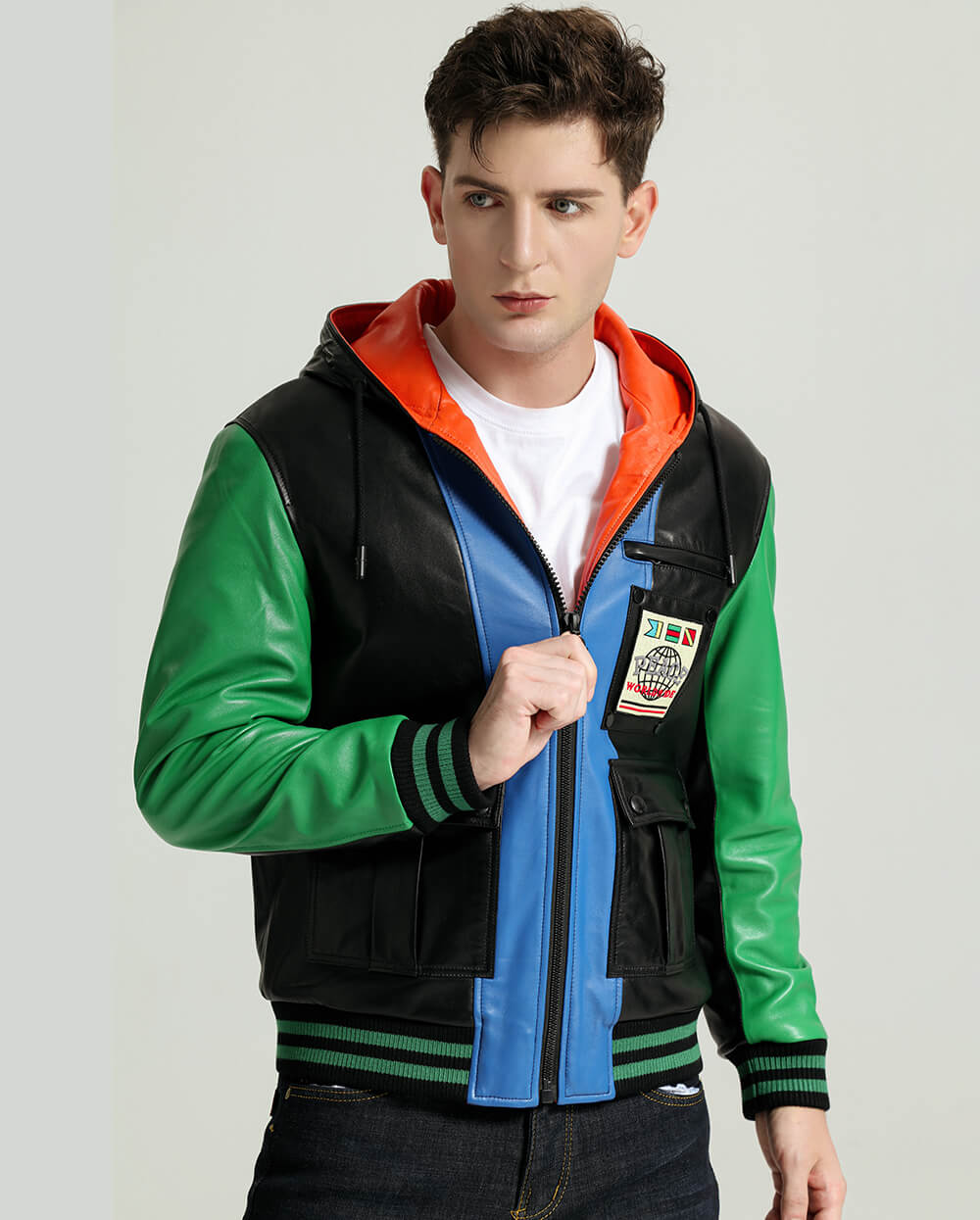 Multi Color Hooded Sheepskin Leather Jacket