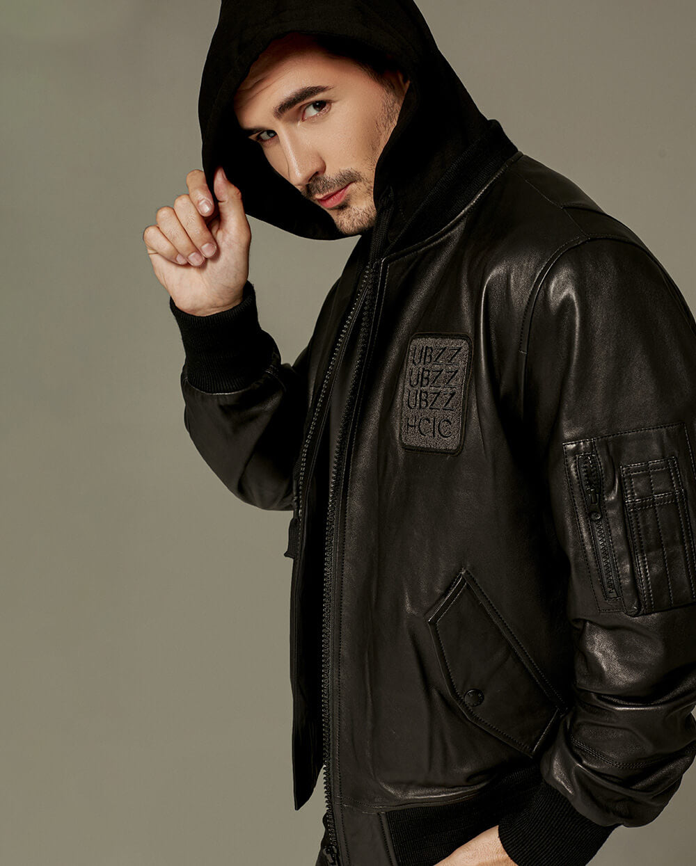 Black Hooded Sheepskin Biker Jacket