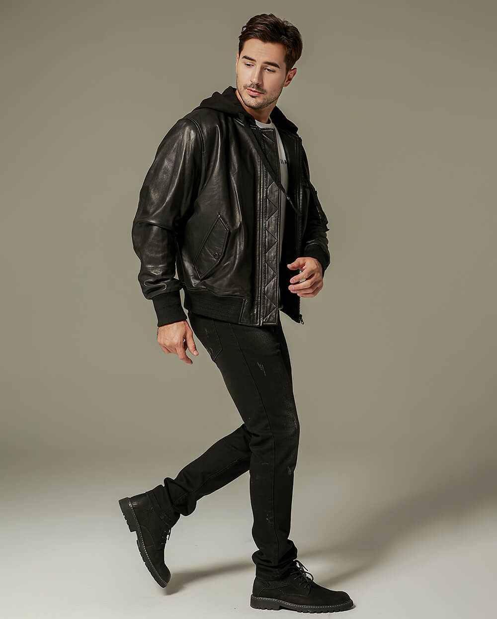 Black Hooded Sheepskin Biker Jacket